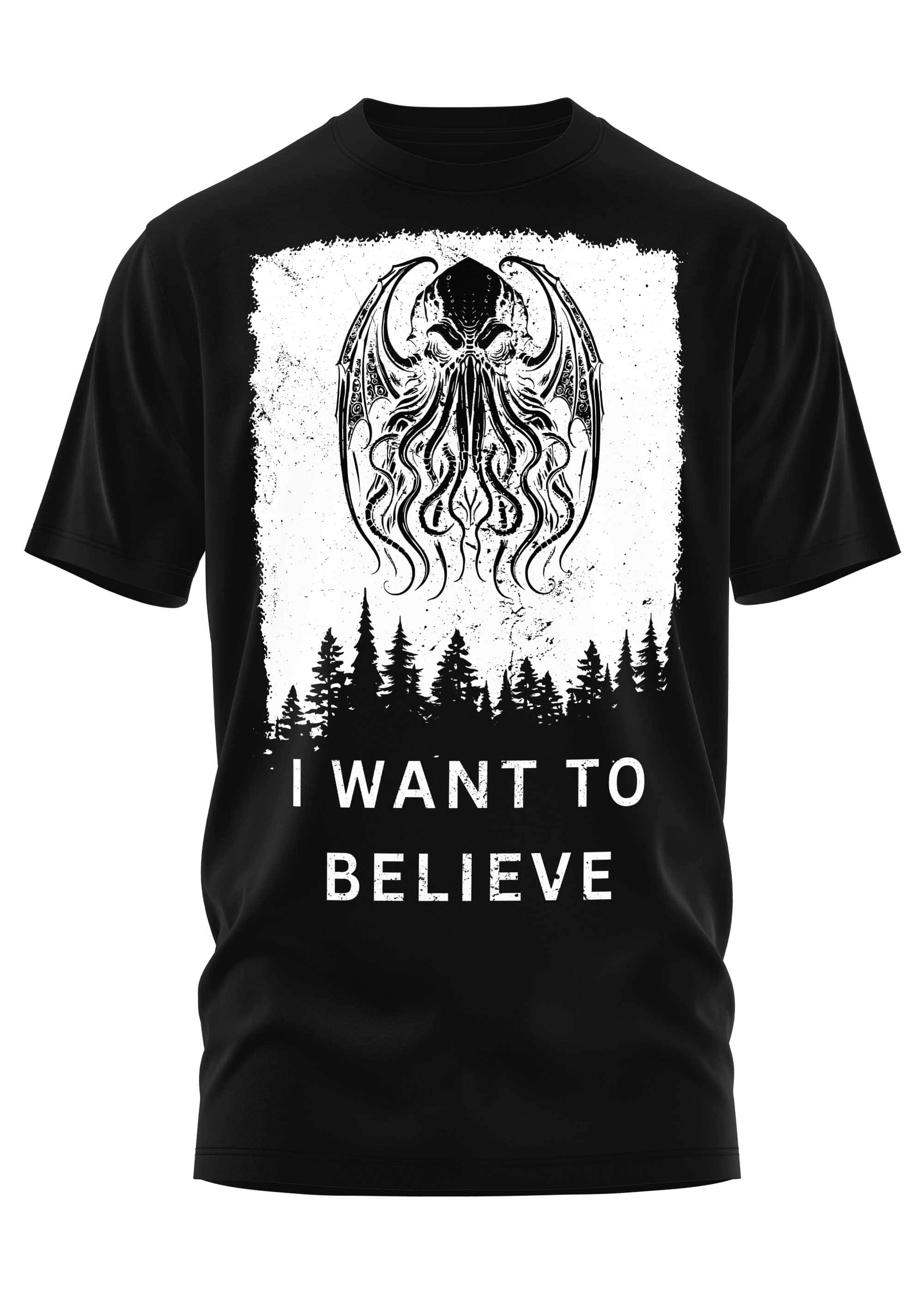 Schwarzes gothic baumwollshirt mit weißem distressed cthulhu horrormotiv und text i want to believe